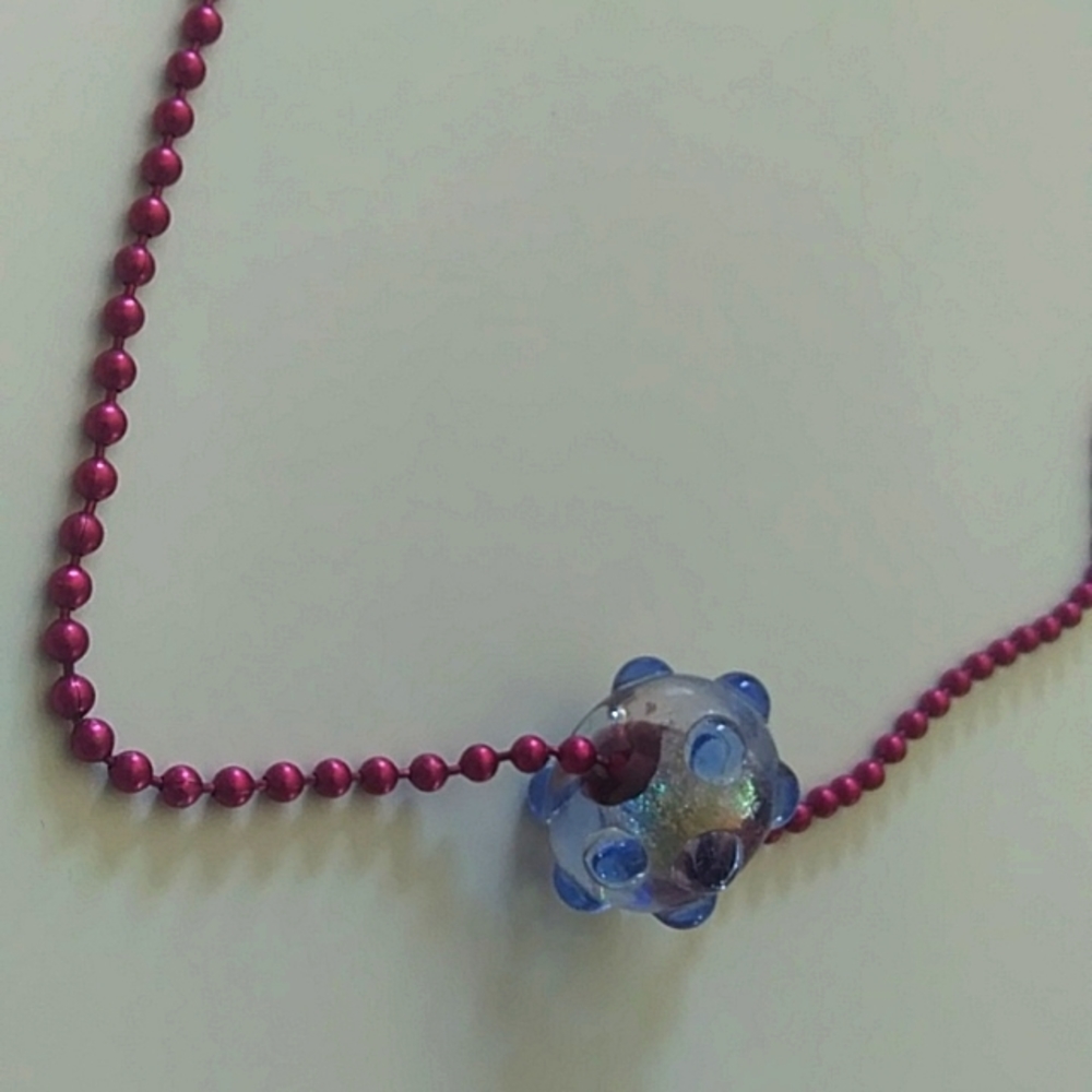 Handmade Glass Bead on Magenta Ball Chain Necklace